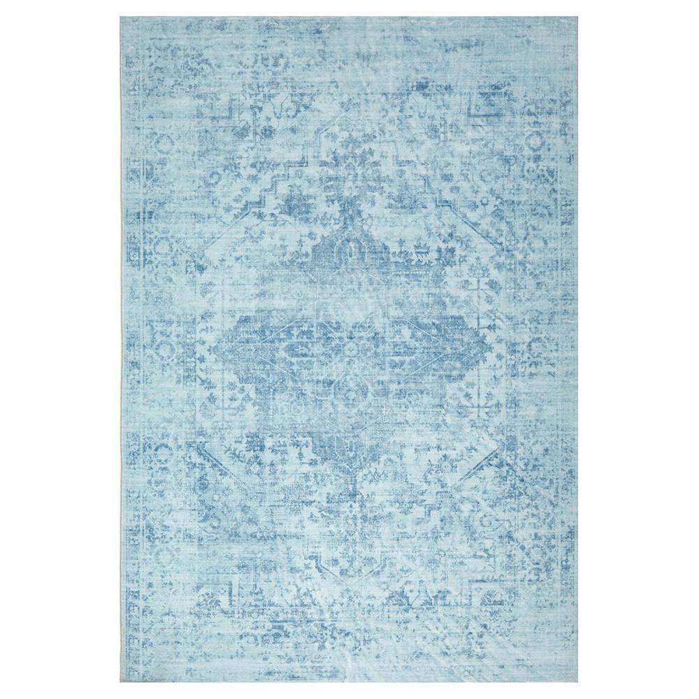 Gemstone Aquamarine Rug featuring distressed medallion pattern in aquamarine, sky blue and teal on light blue background, machine-woven polyester