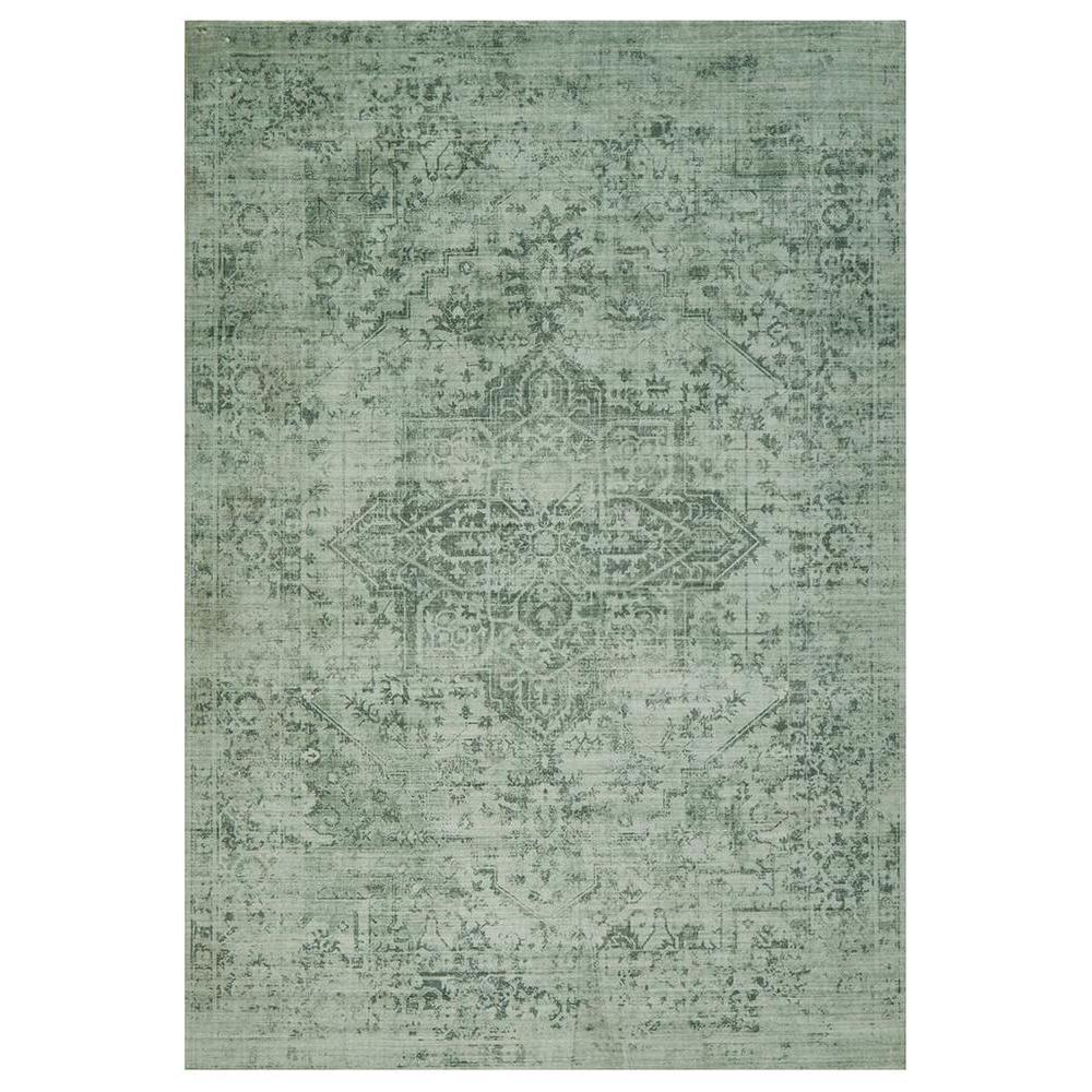 Gemstone Emerald Green Rug featuring vintage distressed oriental medallion in emerald green, sage and grey on soft sage background, power-loomed polyester