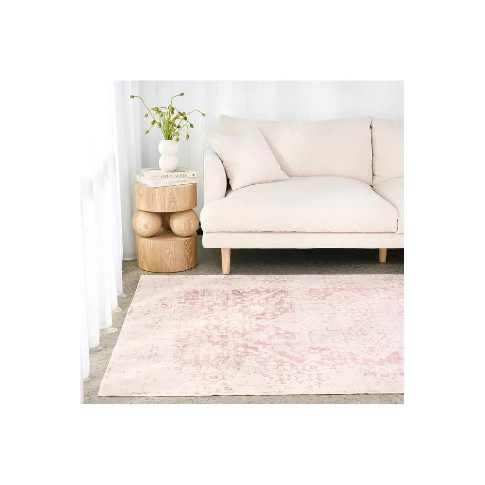 Gemstone Rose Quartz Rug featuring distressed oriental pattern in blush pink and cream on ivory, machine-made polyester