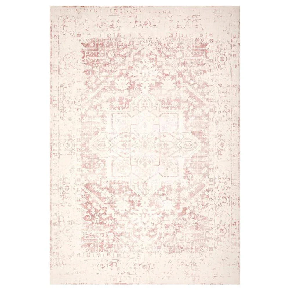 Gemstone Rose Quartz Rug featuring distressed oriental medallion in rose pink, blush pink and ivory on pale ivory background, machine-made polypropylene