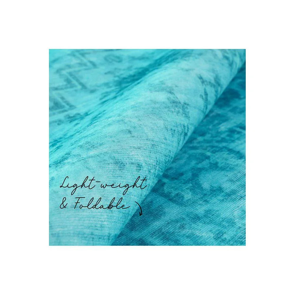 Gemstone Topaz Rug featuring abstract marbled pattern in turquoise, teal and aqua on white background, lightweight foldable rug synthetic fibers