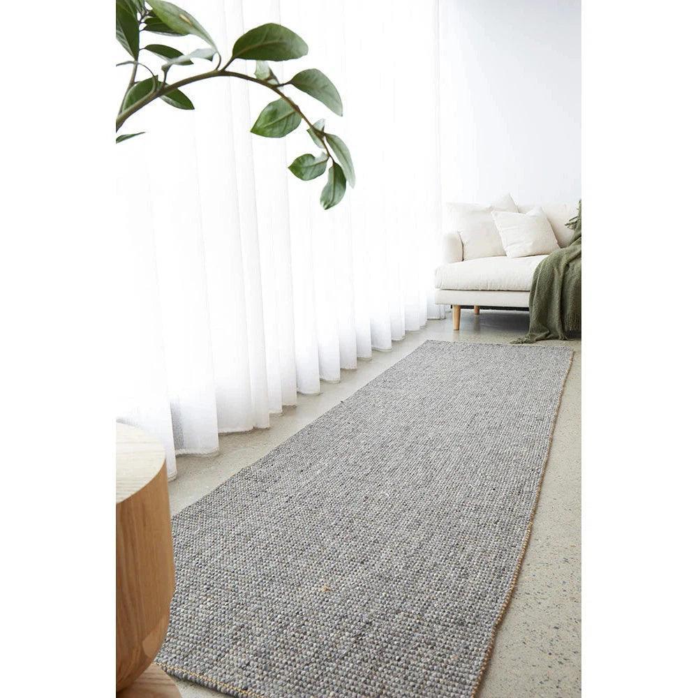 Harlow Ariel Graphite Rug featuring woven textured runner in graphite and charcoal on ivory background, woven wool blend