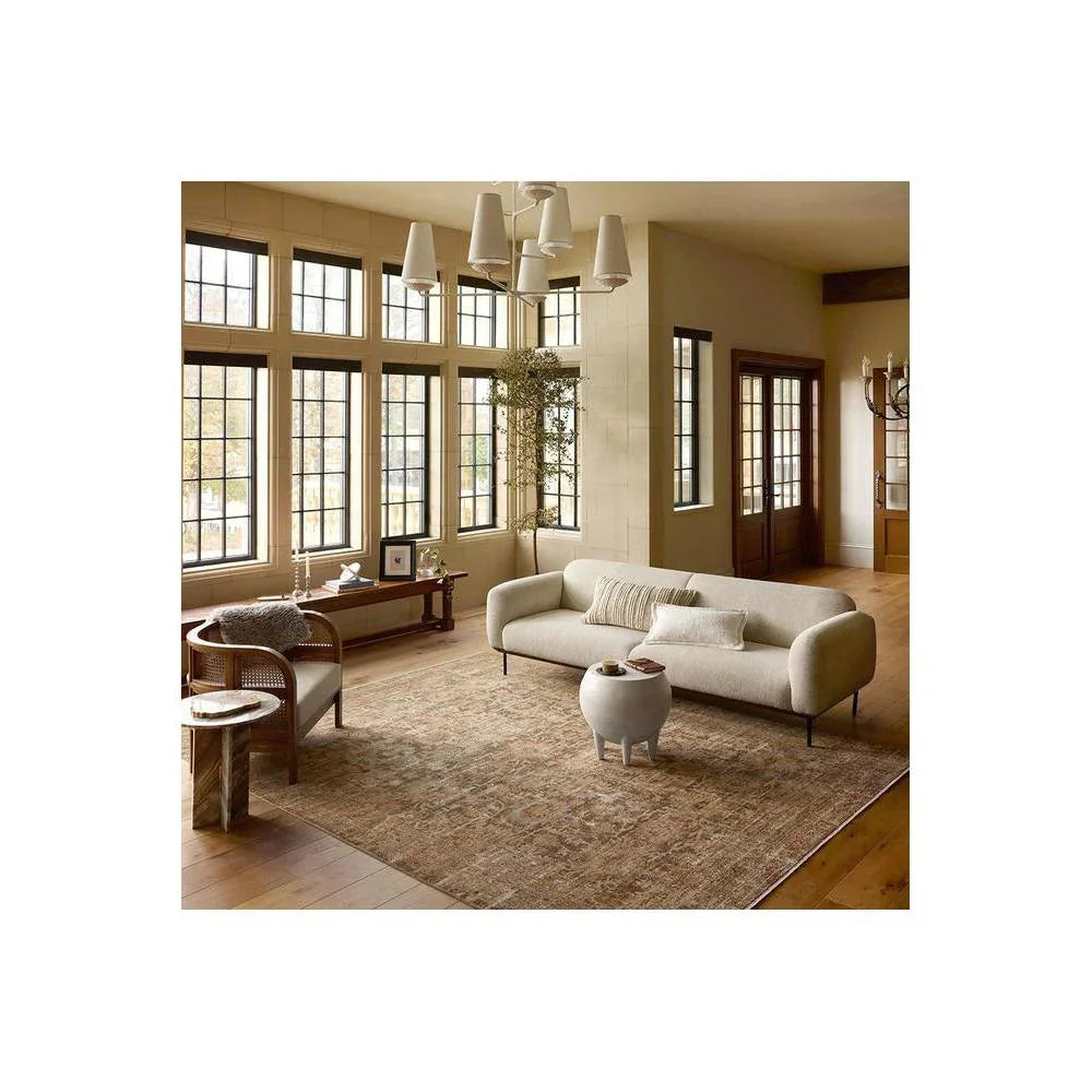 Heritage Bark Rug featuring distressed traditional pattern in walnut brown, taupe and ivory on beige background, hand-tufted wool