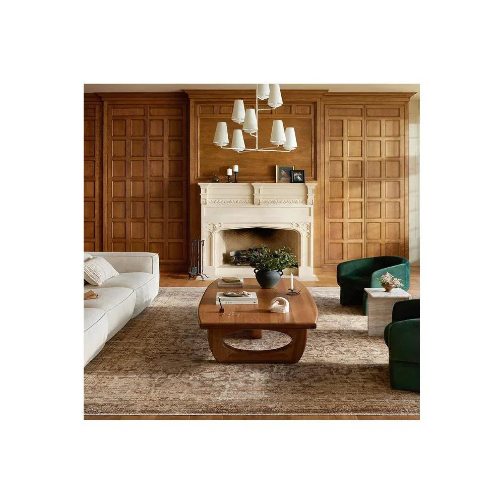 Heritage Bark Rug featuring distressed traditional pattern in tan, caramel, taupe and ivory on warm beige background, hand-tufted wool