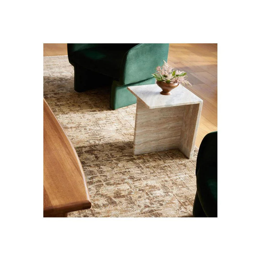 Heritage Bark Rug featuring distressed vintage pattern in beige, tan and brown on warm brown wood floor, machine-woven wool