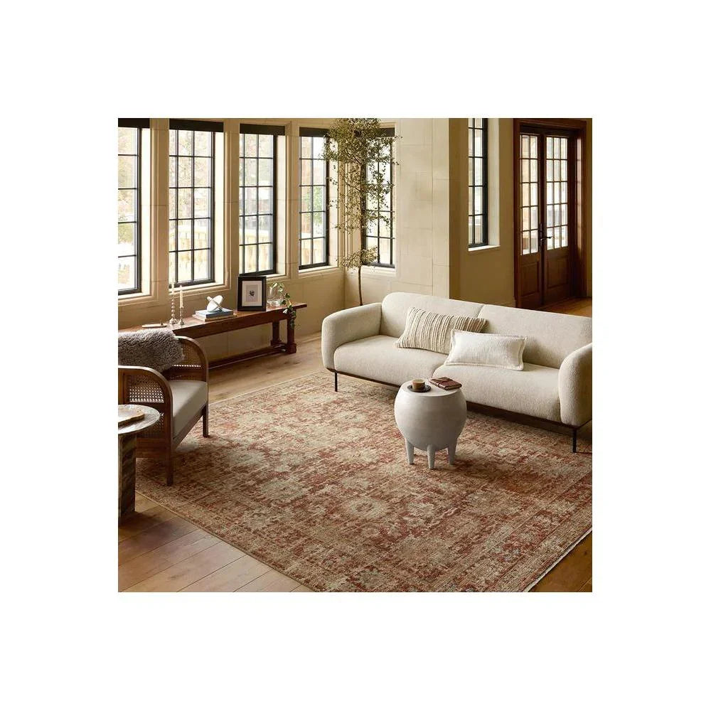 Heritage Brick Rug featuring distressed vintage pattern in brick red, cream and tan on warm beige background, hand-tufted wool