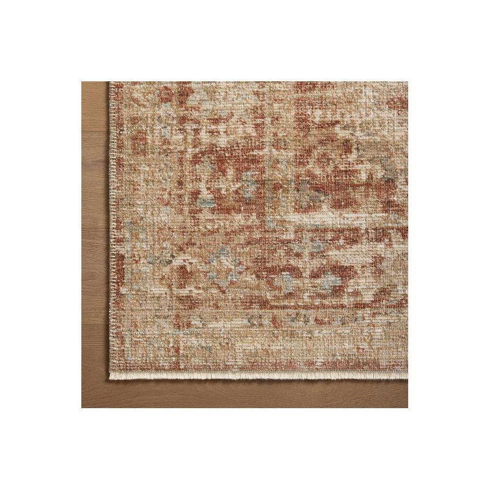 Heritage Brick Rug featuring distressed vintage floral pattern in brick red, beige and pale blue on ivory background, machine-woven synthetic fibers