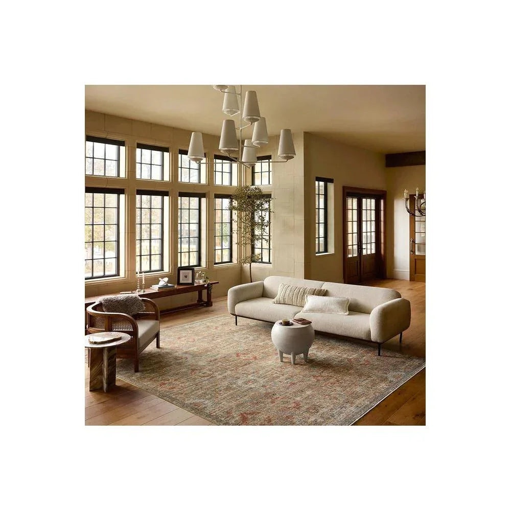 Heritage Grey Rug featuring distressed vintage pattern in grey, ivory, rust on warm beige ground, hand-tufted wool
