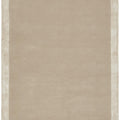 Beige bath mat with a striped border on a white background