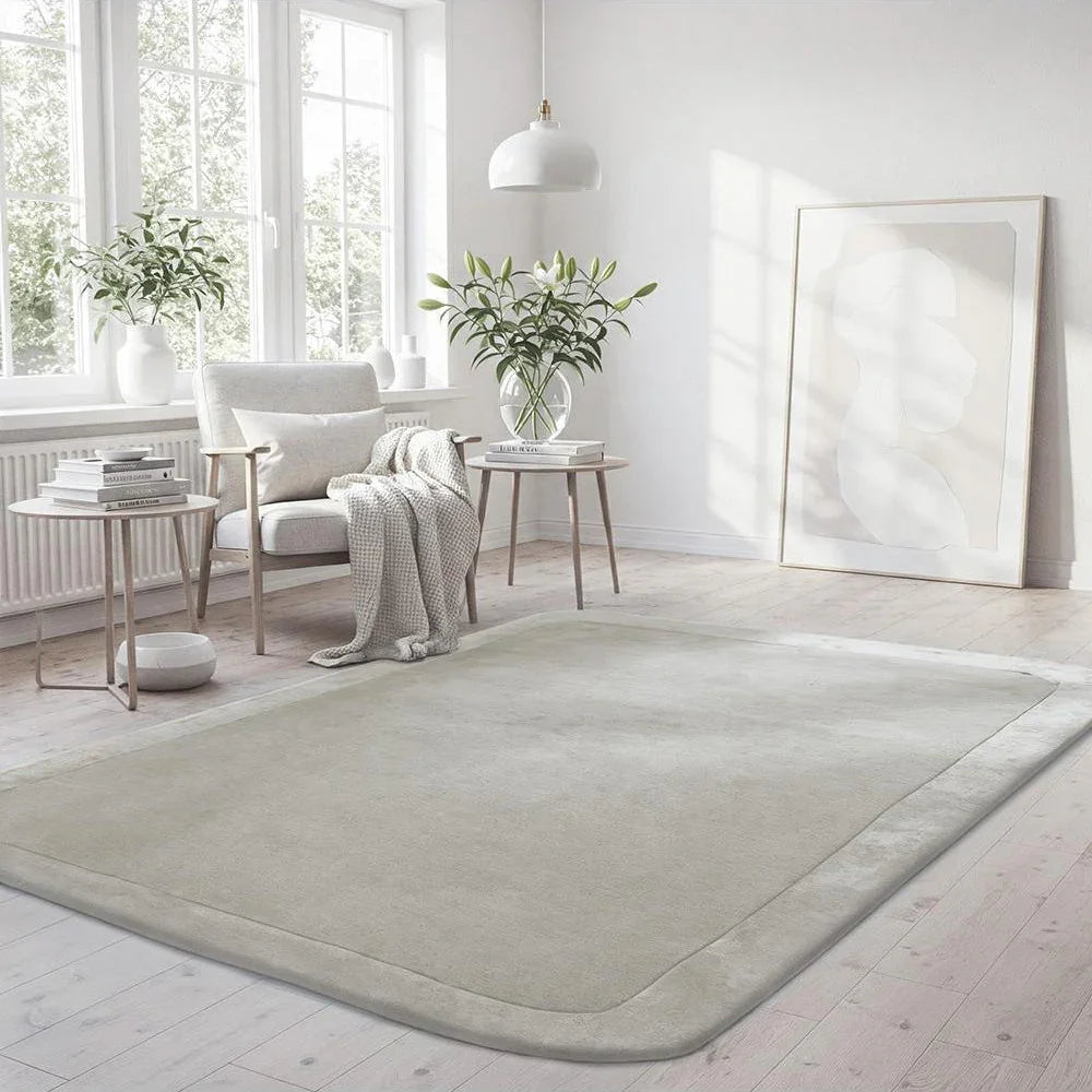 Modern living room with a light gray rug, white walls, and minimal decor.