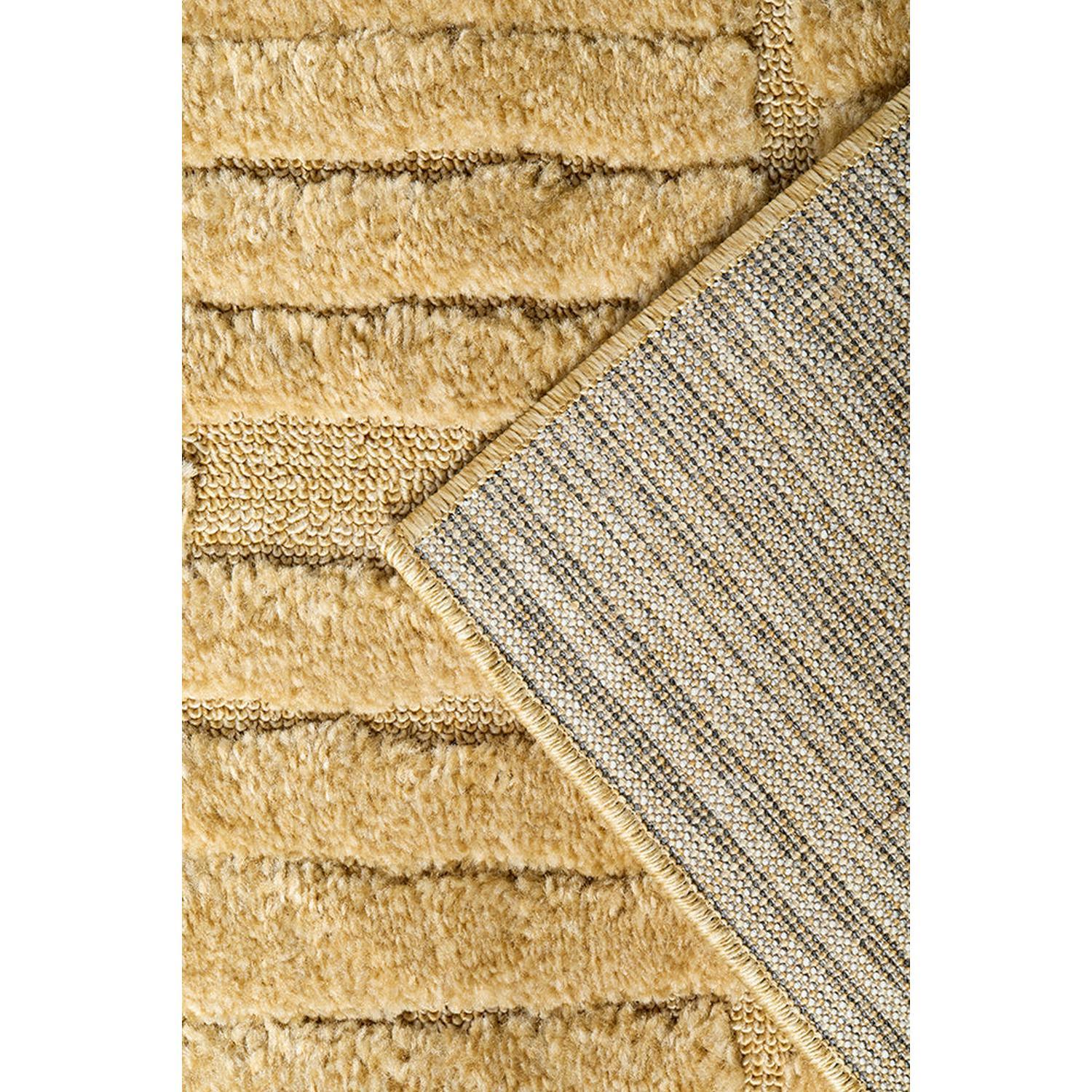 Haven Aliya Gold Runner Rug featuring striped shaggy pattern in gold, cream and taupe on warm beige, tufted wool