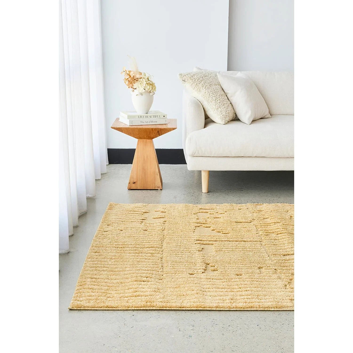 Haven Aliya Gold Rug from Haven Collection with subtle geometric stripe in gold/beige on cream, hand-woven wool