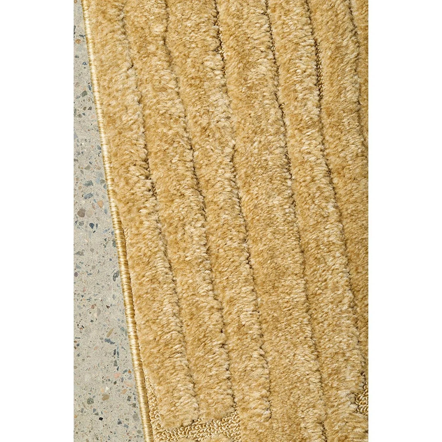 Haven Aliya Gold Rug featuring striped shag texture in gold, camel and cream on light beige background, hand-tufted wool
