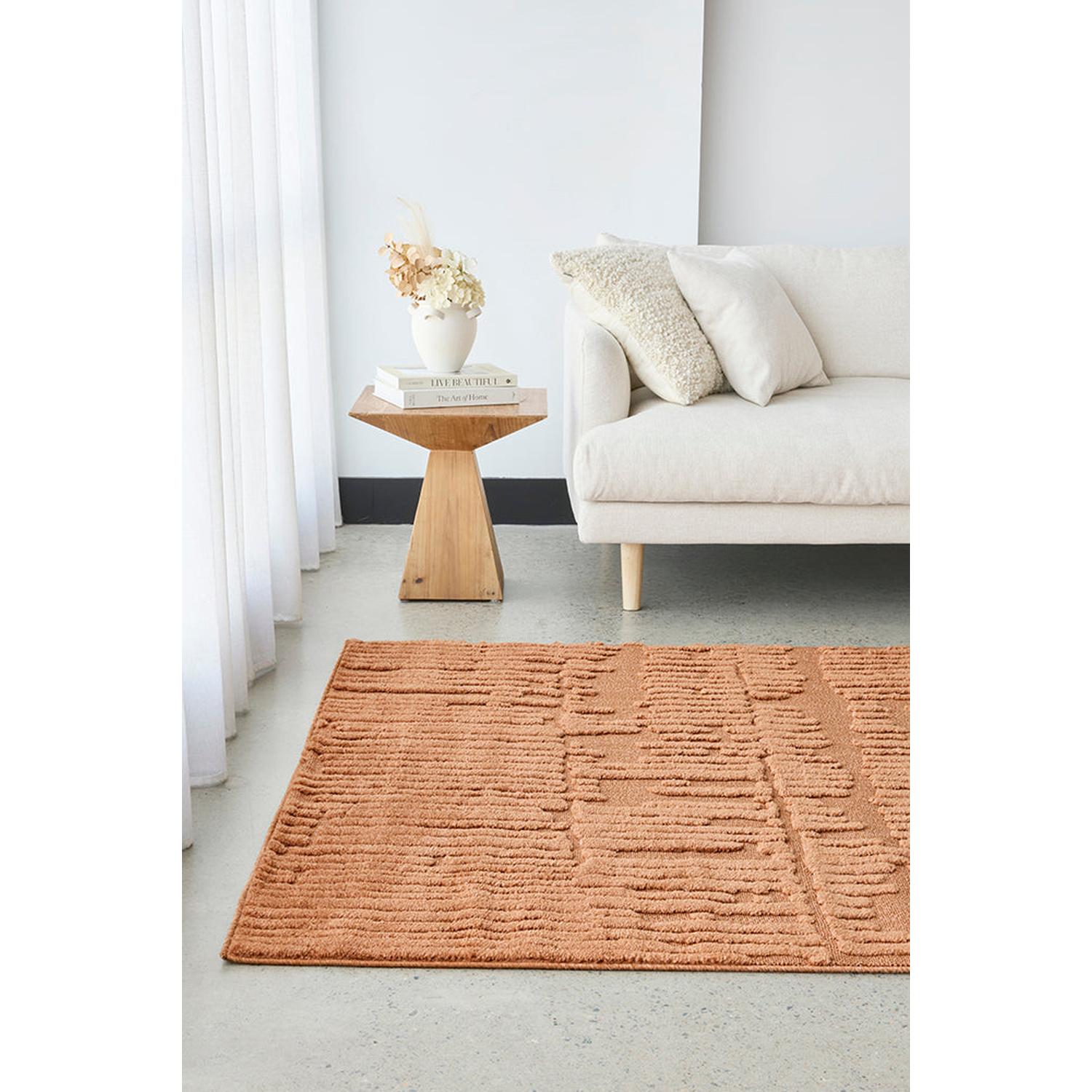 Living room with a textured orange rug, white sofa, and wooden side table.