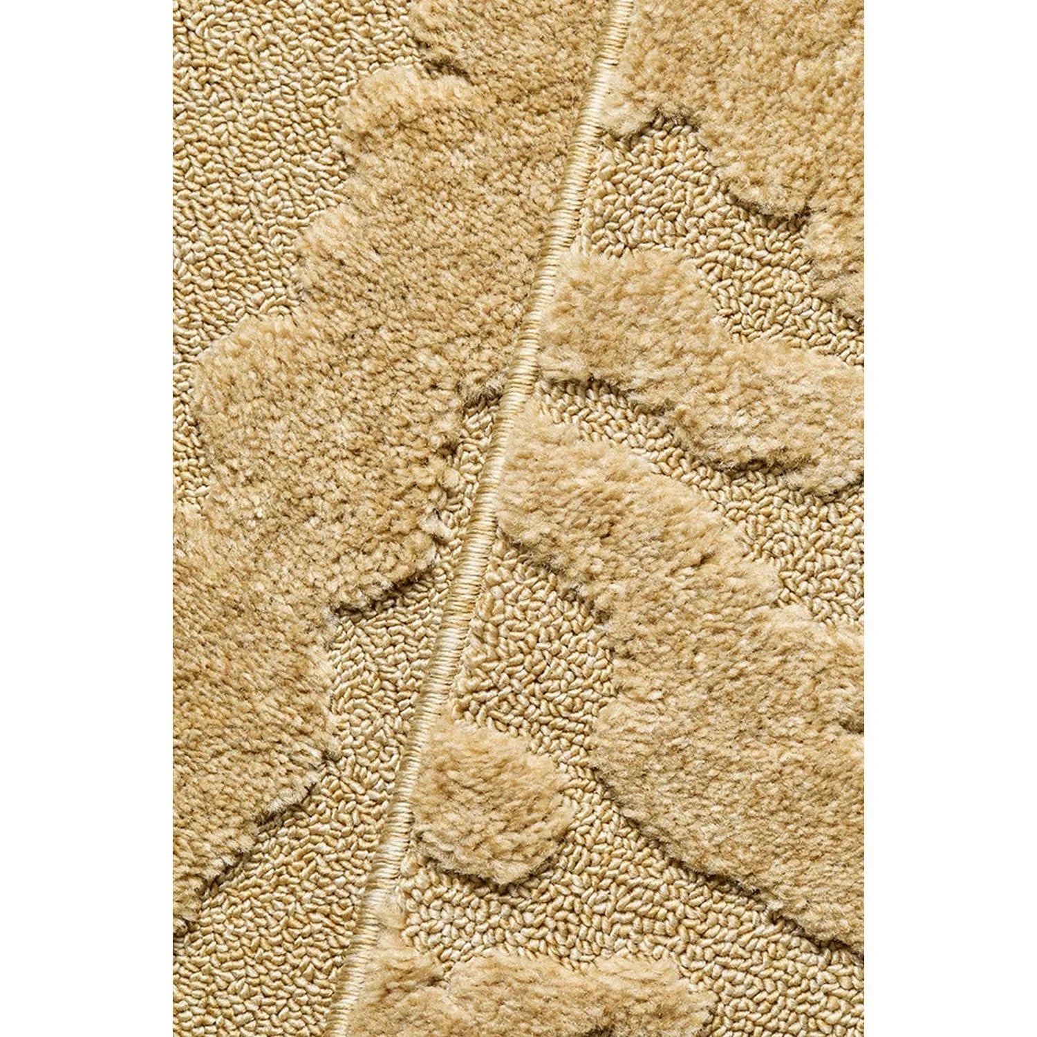 Haven Nyla Gold Runner Rug featuring textured abstract pattern in gold, cream and tan on beige background, machine-made wool blend