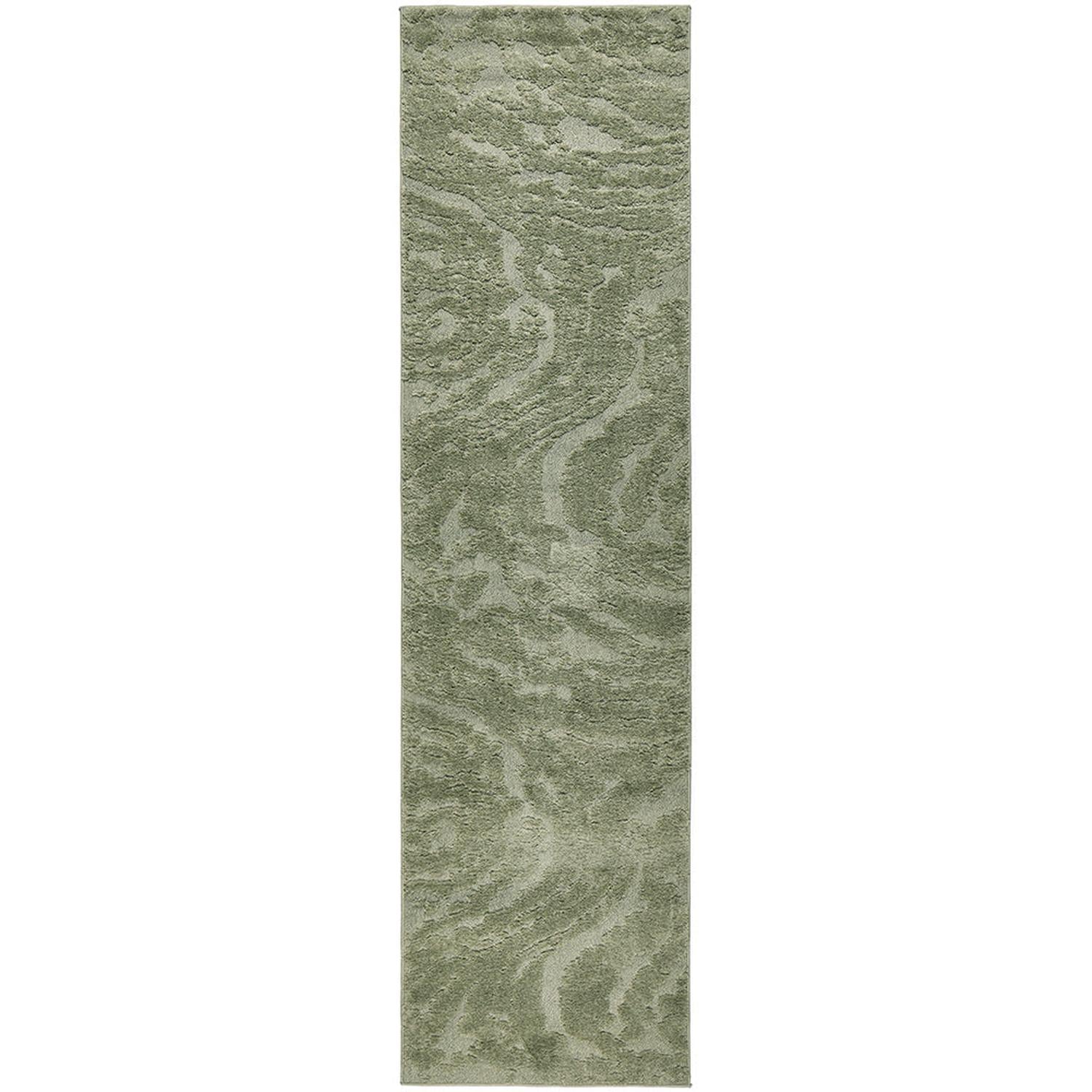 Green runner rug with wavy pattern on a white background