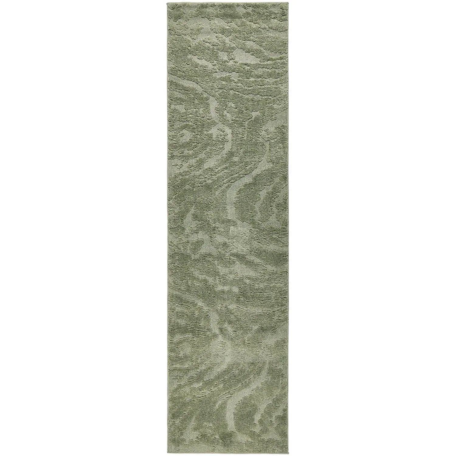 Haven Nyla Green Rug featuring swirling damask pattern in sage, olive and moss on white background, machine-made polypropylene