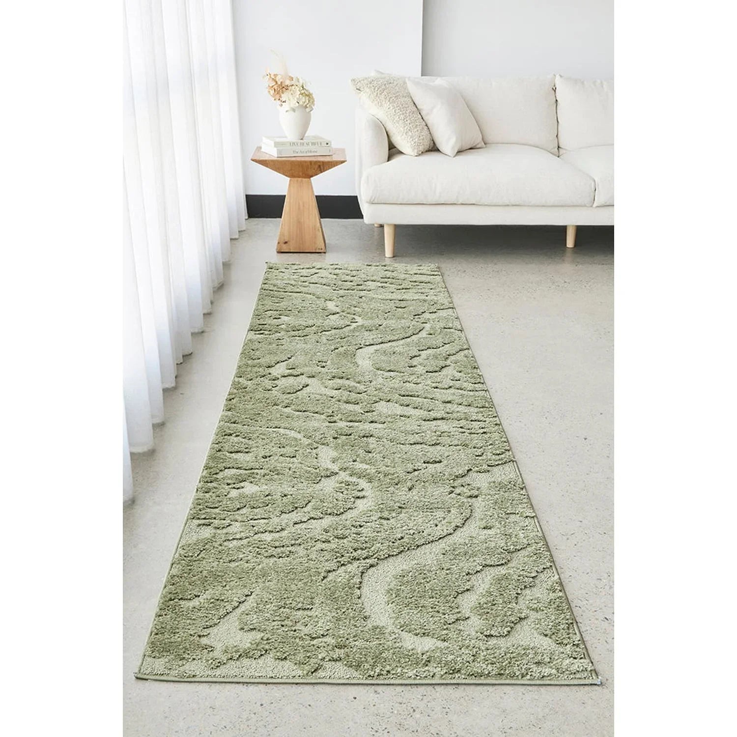 Haven Nyla Green Rug featuring abstract textured pattern in sage, moss and olive on pale green background, machine-made polypropylene