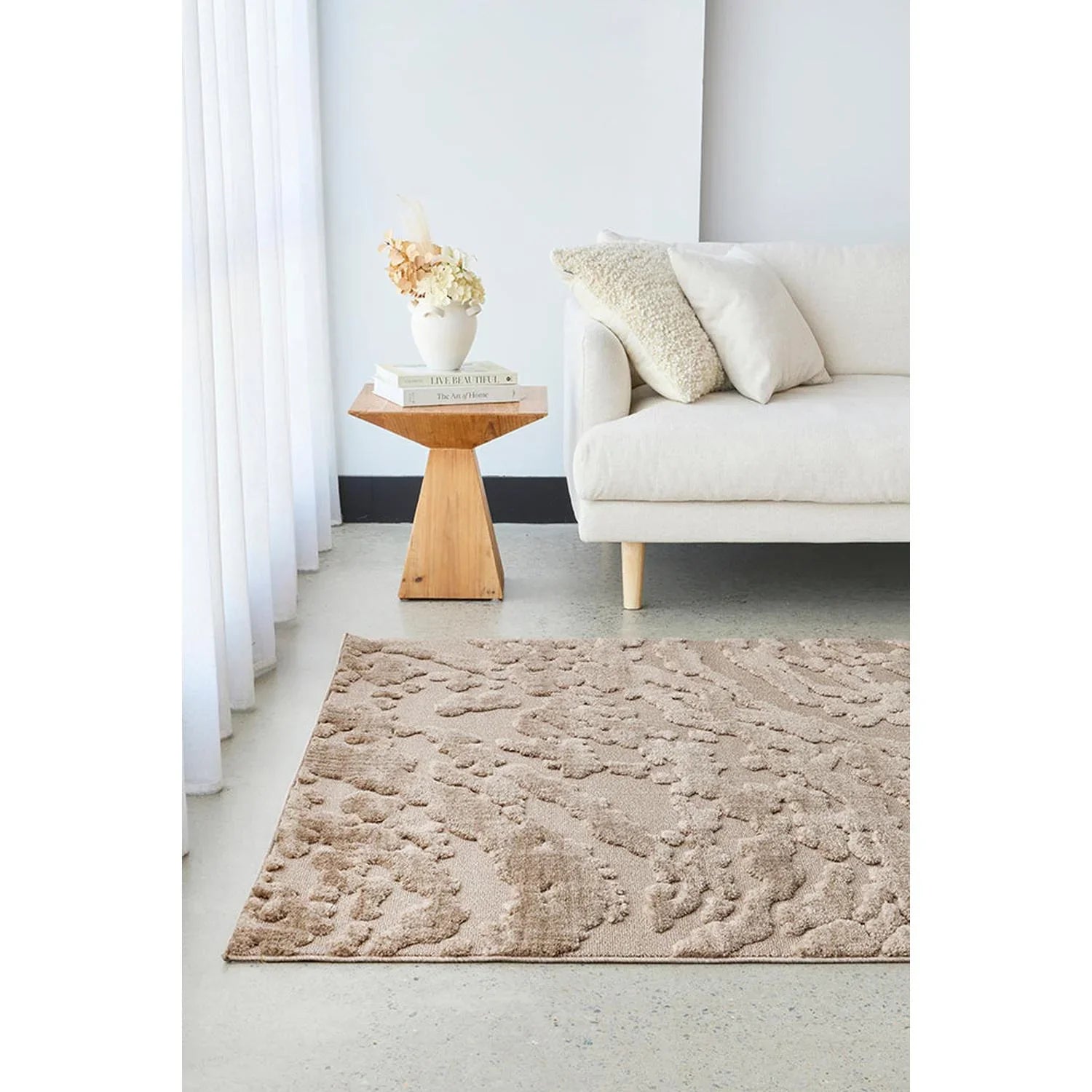 Living room with a beige textured rug, white sofa, and wooden side table.