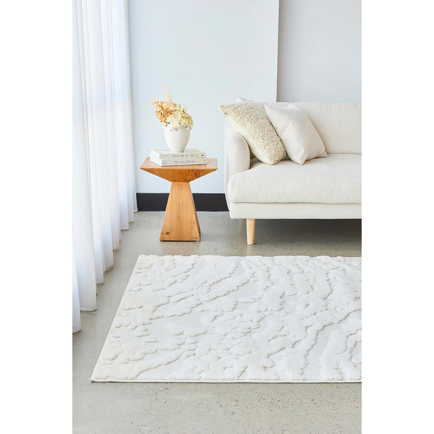 Living room with a textured white rug, beige sofa, wooden side table, and decorative items.