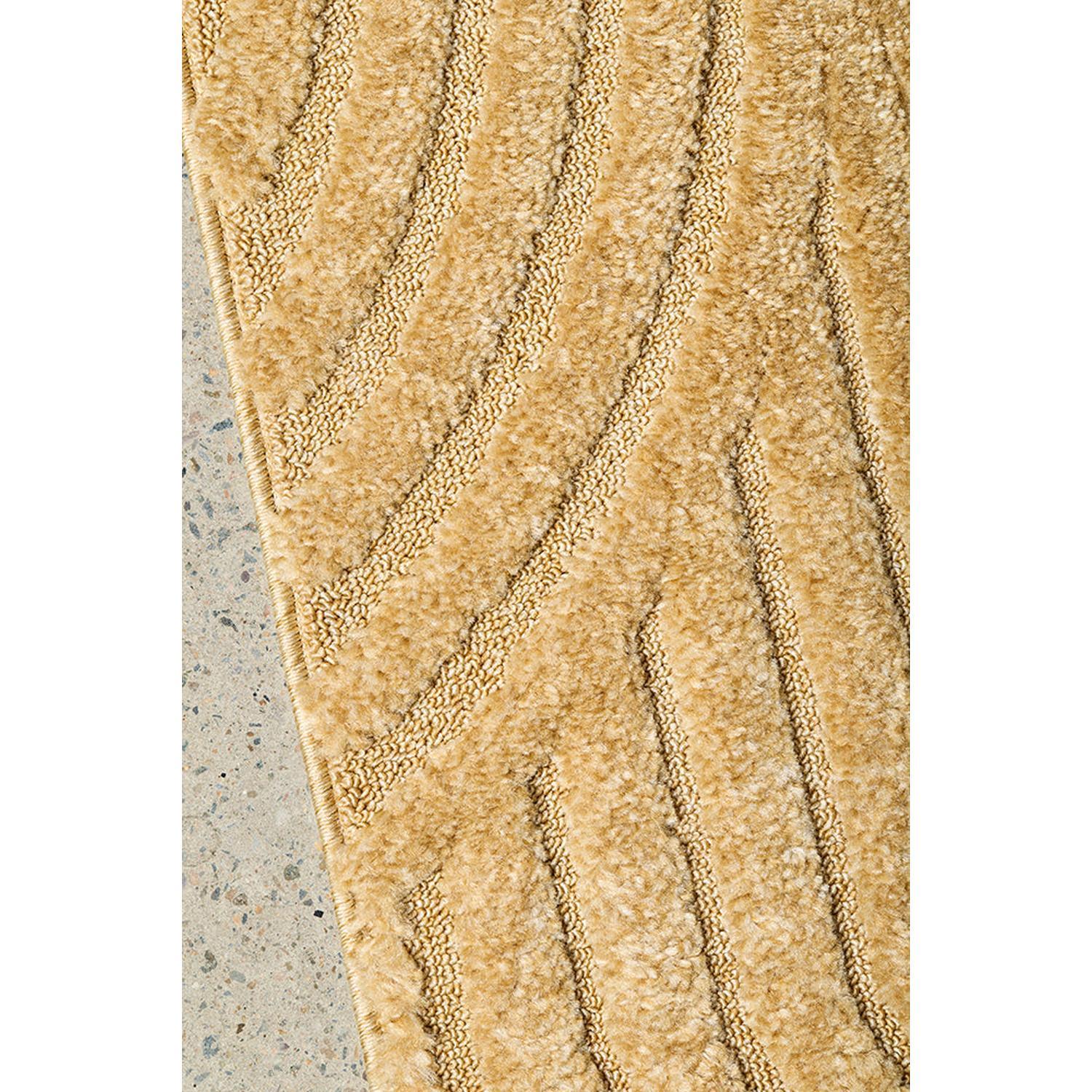 Haven Zina Gold Rug featuring abstract stripe pattern in gold, tan, cream on beige background, machine-made polyester
