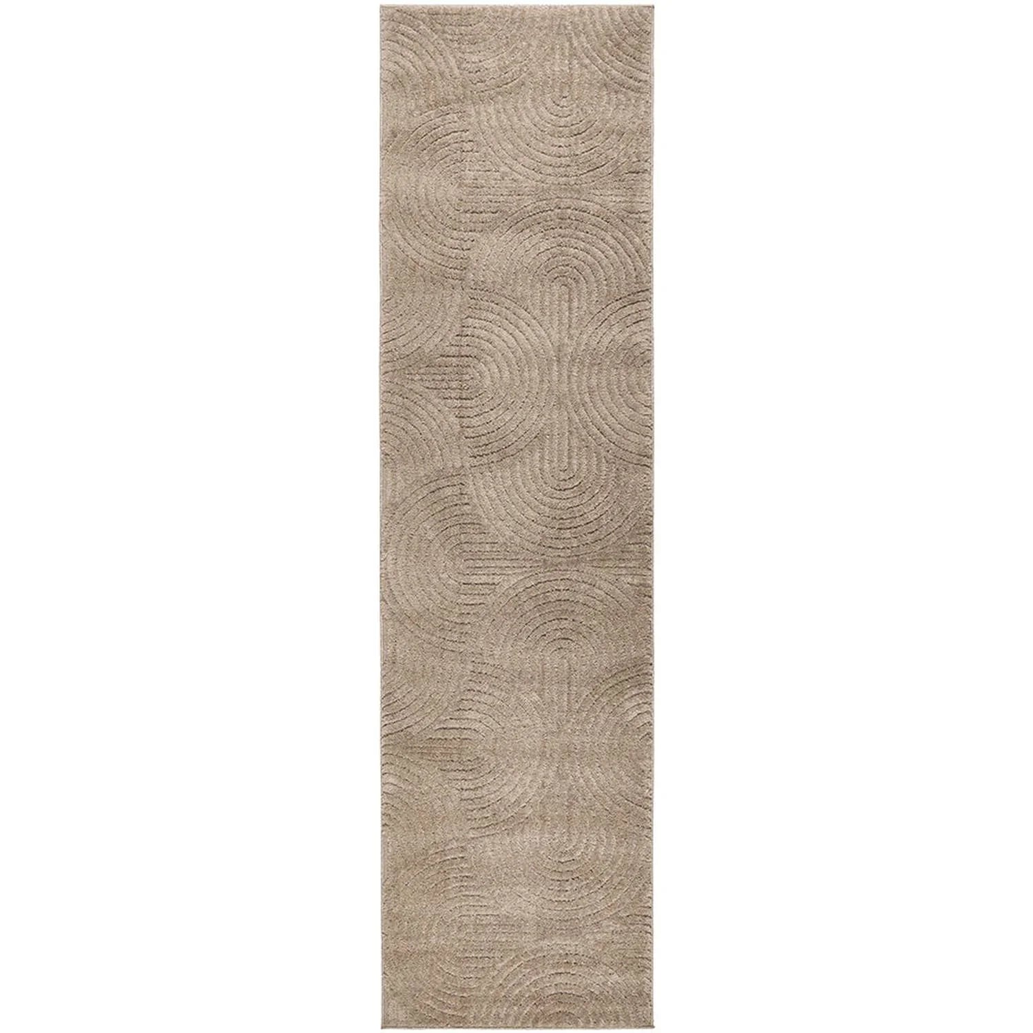 Haven Zina Latte Rug featuring circular spiral pattern in latte, taupe and beige on warm beige background, hand-tufted wool