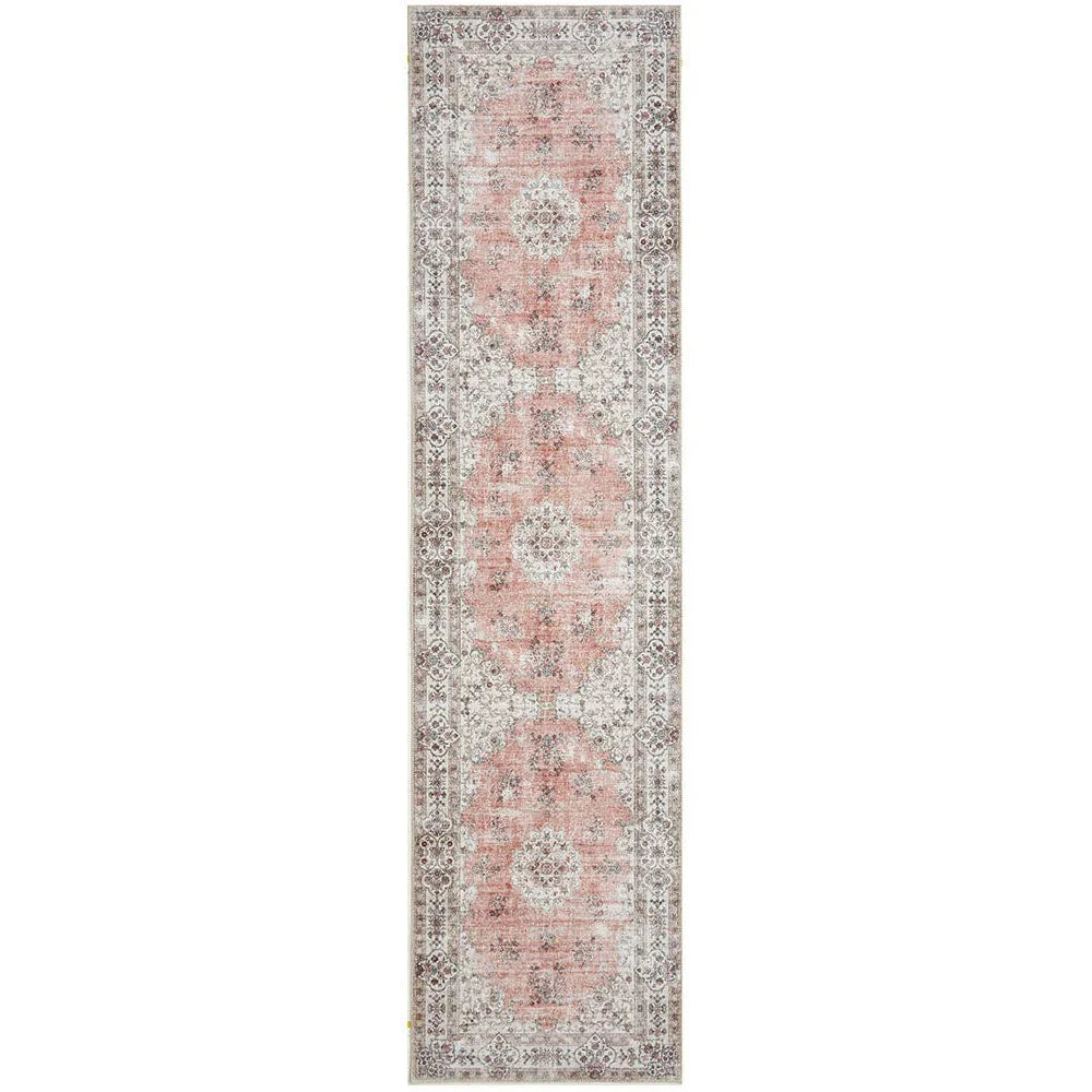Kindred Coco Peach Runner featuring antique oriental medallion pattern in peach, ivory, taupe and sage-grey on cream background, machine-woven polyester