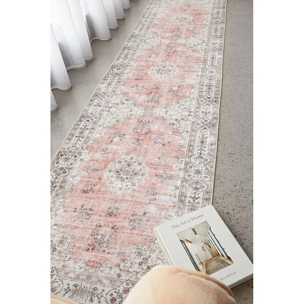 Kindred Coco Peach Runner featuring vintage floral pattern in peach, cream, taupe on ivory border, machine-made Rug Culture