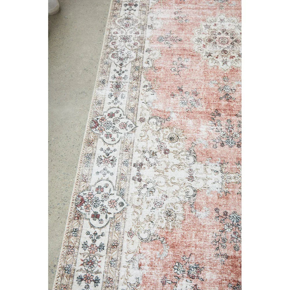 Kindred Coco Peach Runner featuring vintage floral pattern in peach, ivory, cream and sage on ivory background, hand-tufted wool