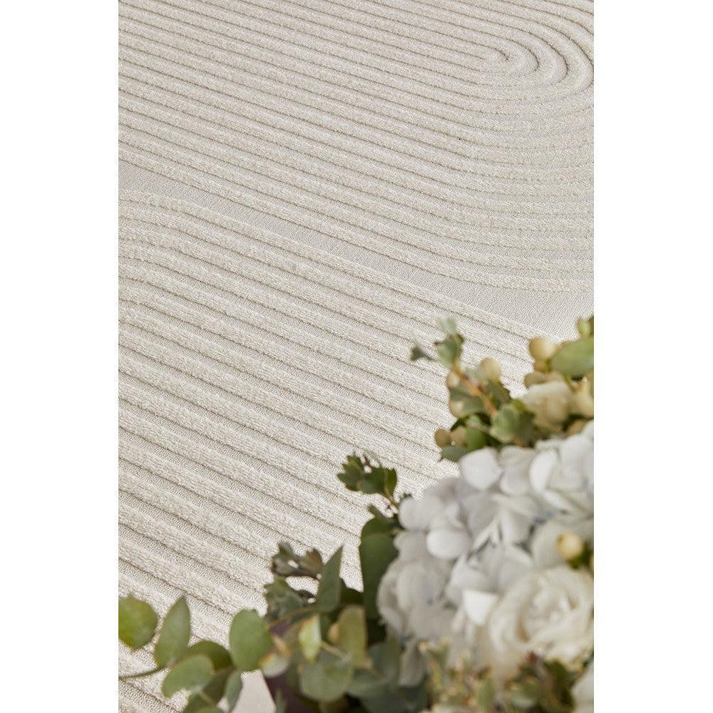 Lotus Abbey Beige Rug featuring ribbed pattern in beige and cream on light beige background, hand-tufted wool