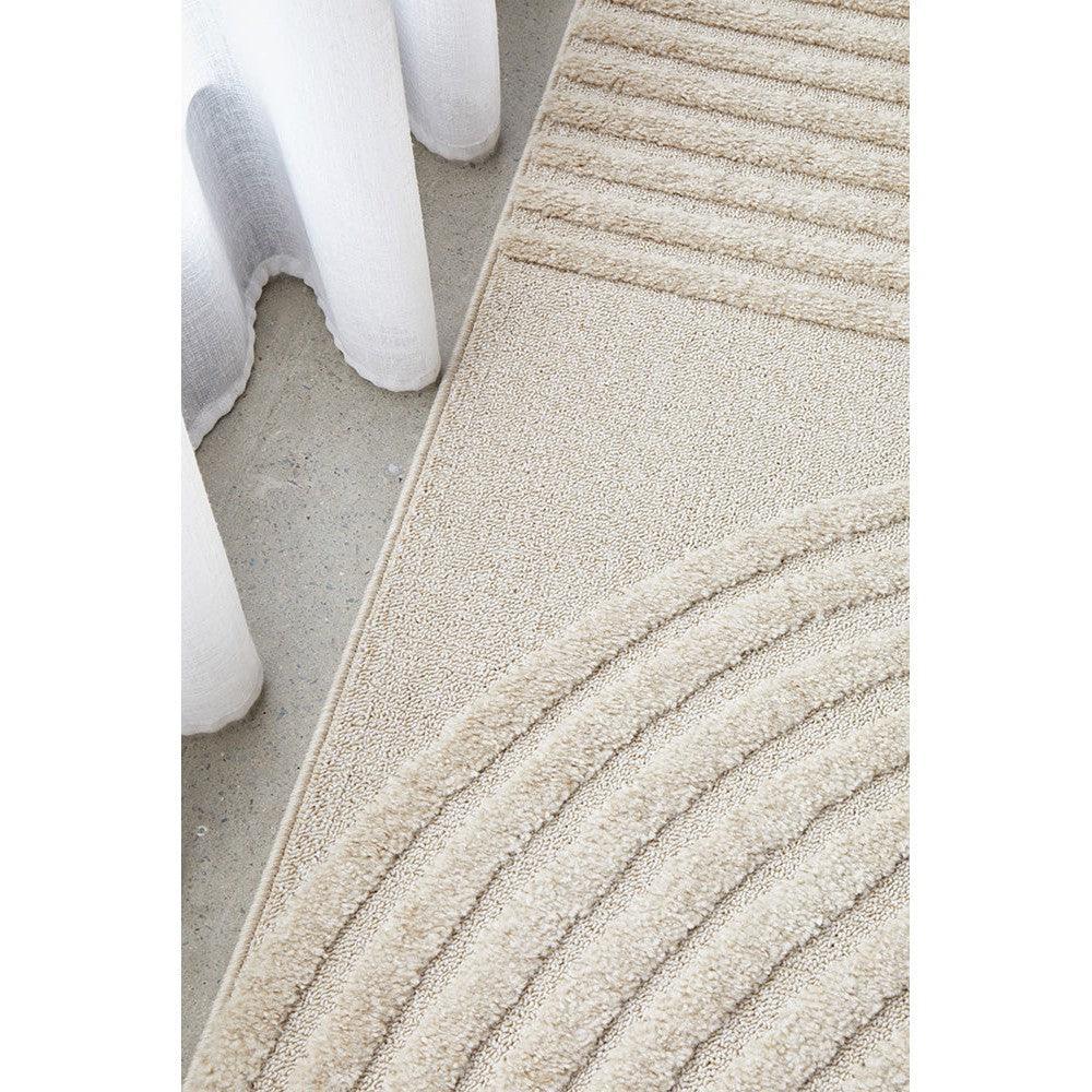 Lotus Abbey Beige Rug featuring textured striped and circular motif in beige and cream tones on light beige background, hand-tufted wool