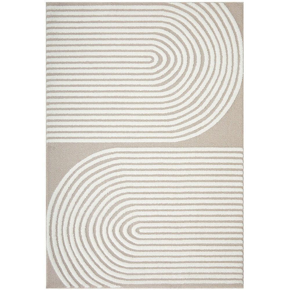 Lotus Abbey Mixed Rug featuring curved concentric lines in cream and taupe on beige background, hand-tufted wool