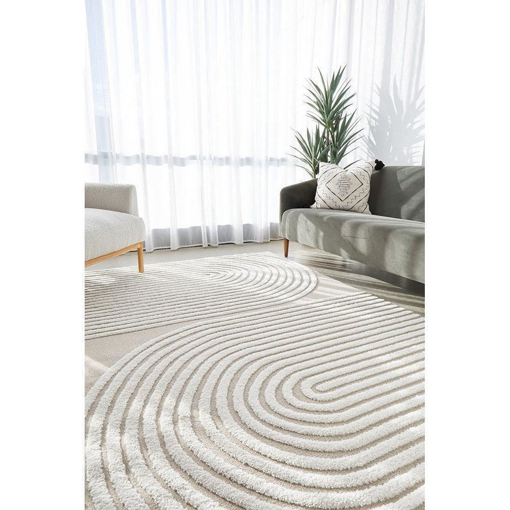 Lotus Abbey Mixed Rug featuring concentric swirl pattern in cream, beige and ivory on ivory background, hand-tufted wool