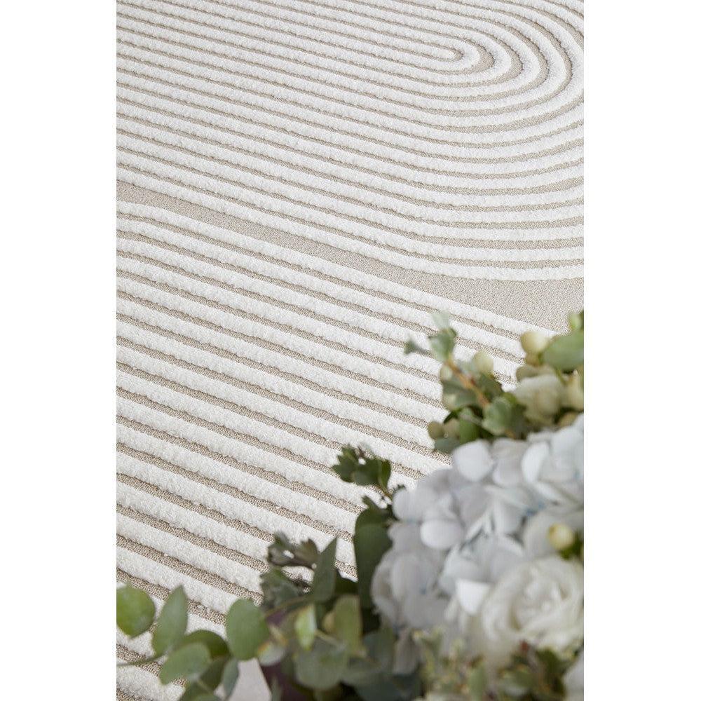 Lotus Abbey Mixed Rug featuring striped concentric pattern in cream, beige and taupe on ivory background, hand-tufted wool