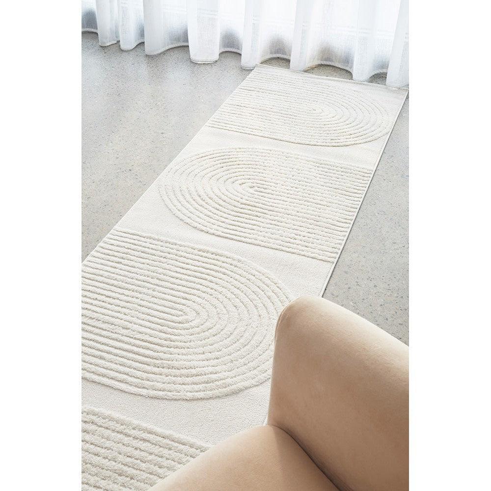 Lotus Abbey White Runner Rug featuring concentric circle pattern in ivory and cream on light grey background, power-loomed polypropylene