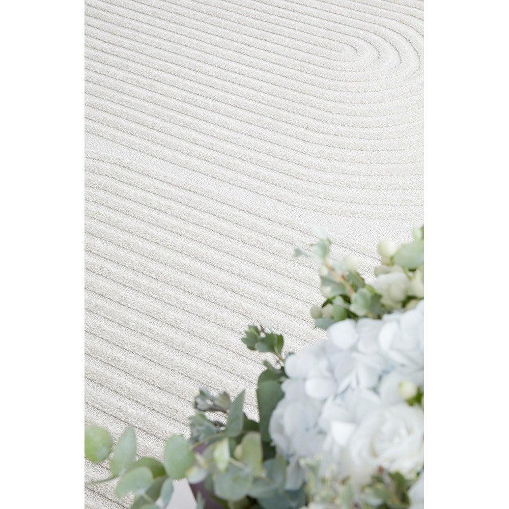 Lotus Abbey White Runner Rug featuring ribbed stripe pattern in ivory and warm beige on cream background, hand-tufted wool