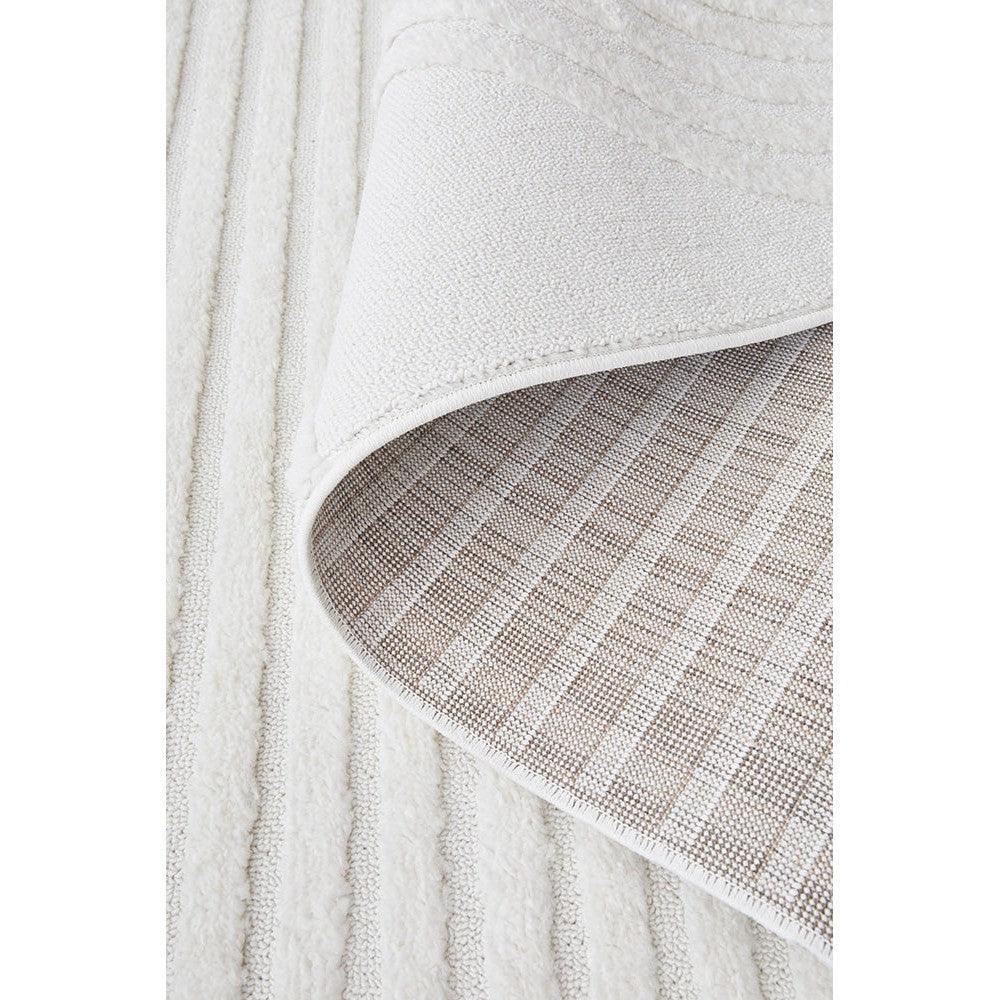 Lotus Abbey White Runner Rug featuring textured striped pattern in cream and ivory on white background, hand-tufted wool