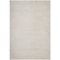 Lotus Carl Beige Rug featuring circular concentric spiral in beige, taupe and ivory on light ivory background, hand-tufted wool