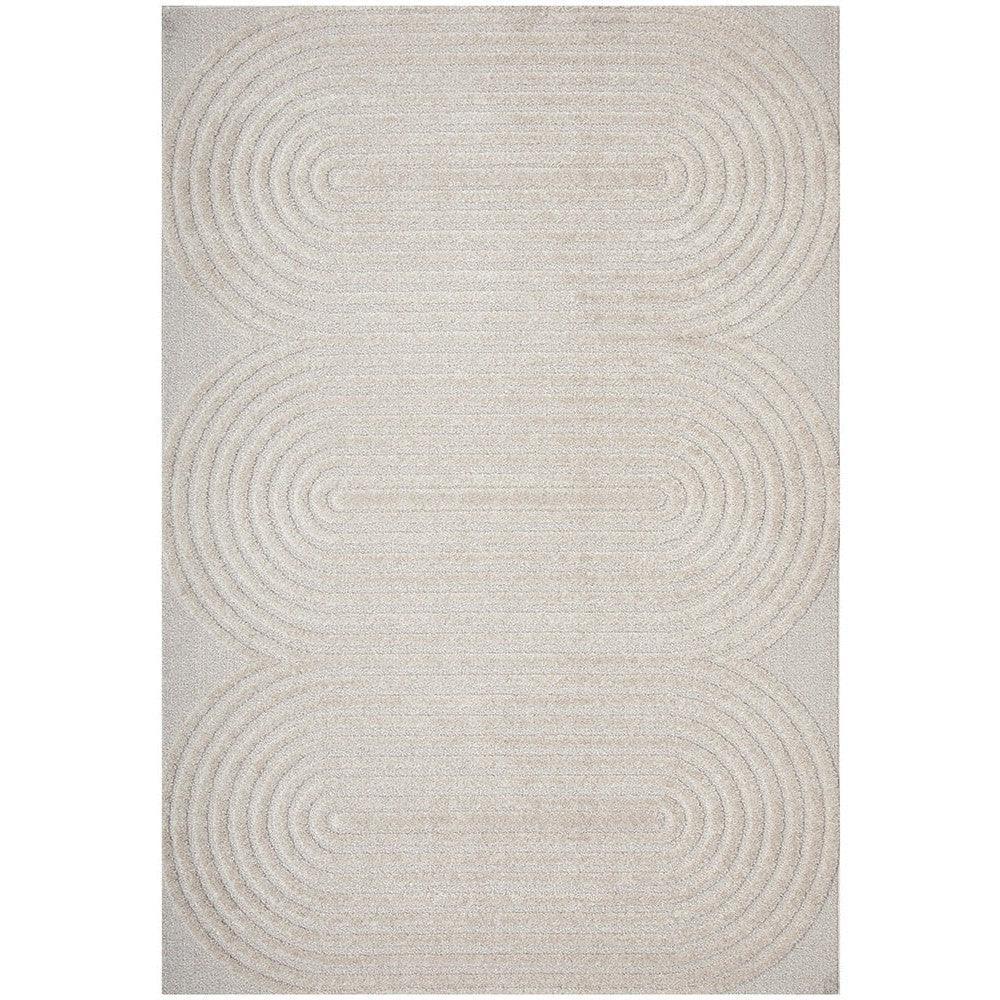Lotus Carl Beige Rug featuring circular concentric spiral in beige, taupe and ivory on light ivory background, hand-tufted wool