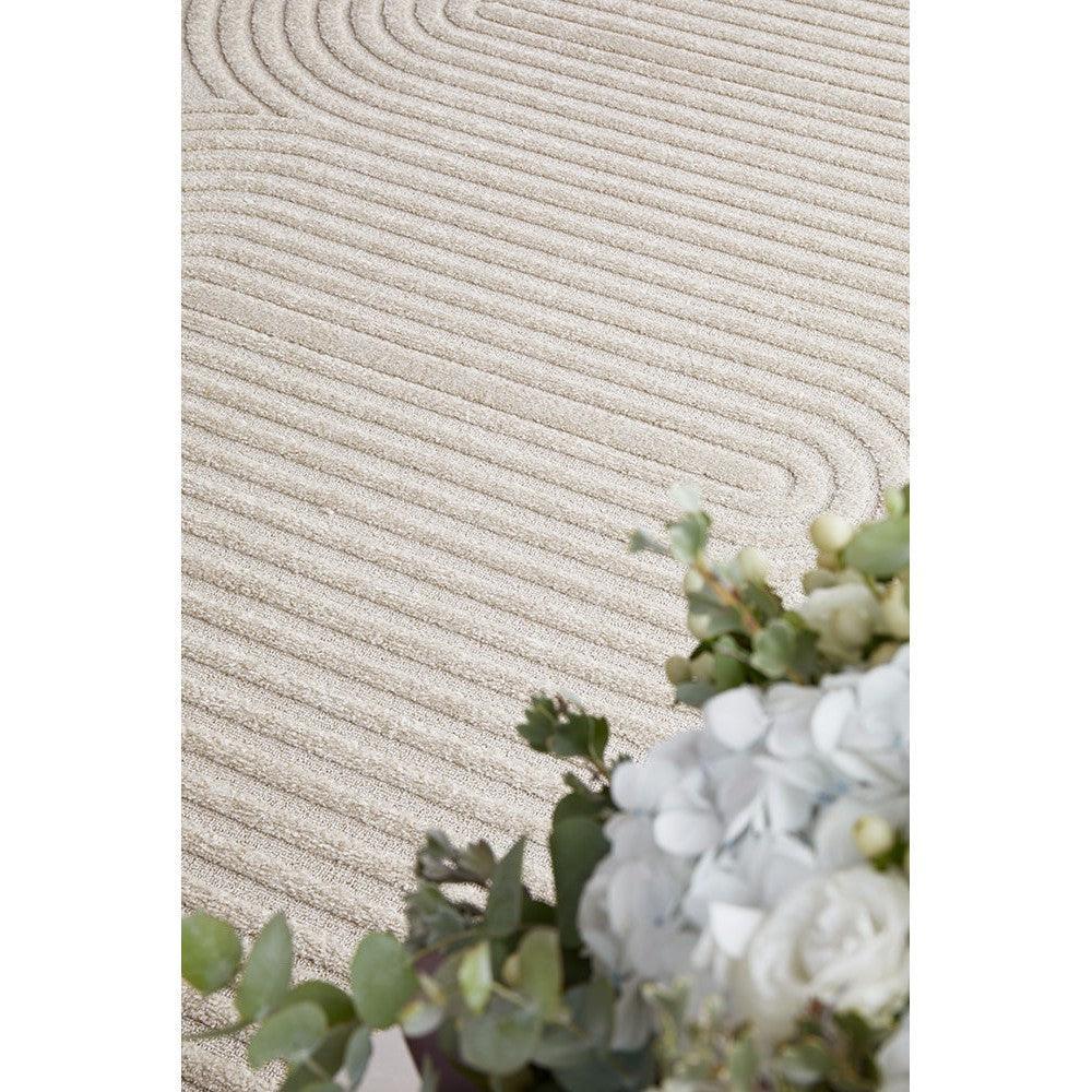 Lotus Carl Beige Rug featuring ripple striped pattern in cream, beige and light tan on ivory background, hand-tufted wool