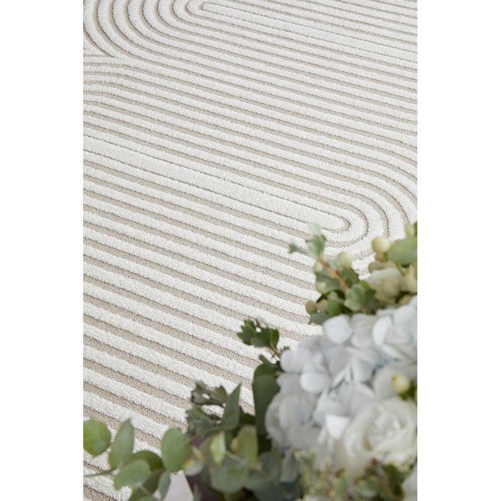 Lotus Carl Mixed Runner Rug featuring swirling striped pattern in cream, taupe and beige on ivory background, hand-tufted wool
