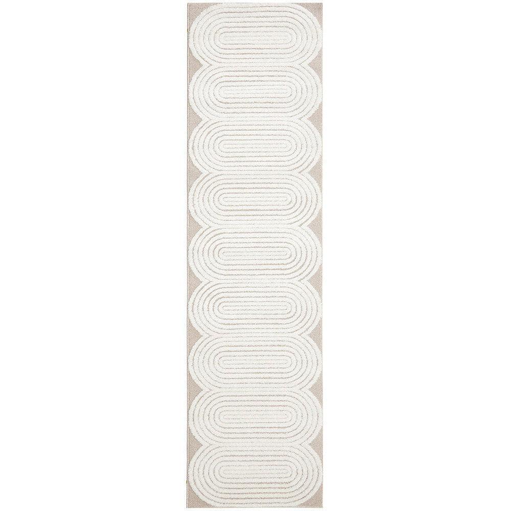 Lotus Carl Mixed Rug featuring repeating oval loop pattern in white on beige background, hand-tufted wool