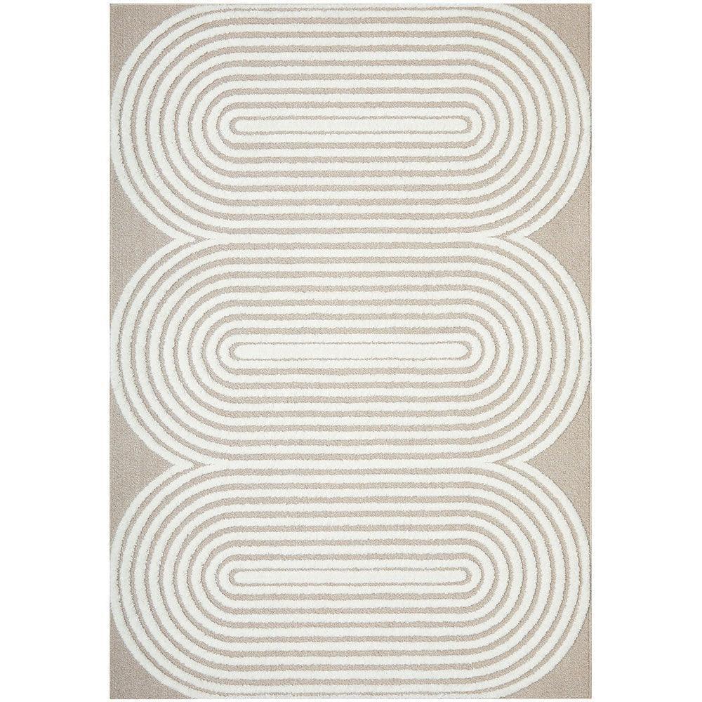 Lotus Carl Mixed Rug featuring concentric oval loop pattern in white on beige background, machine-made polypropylene