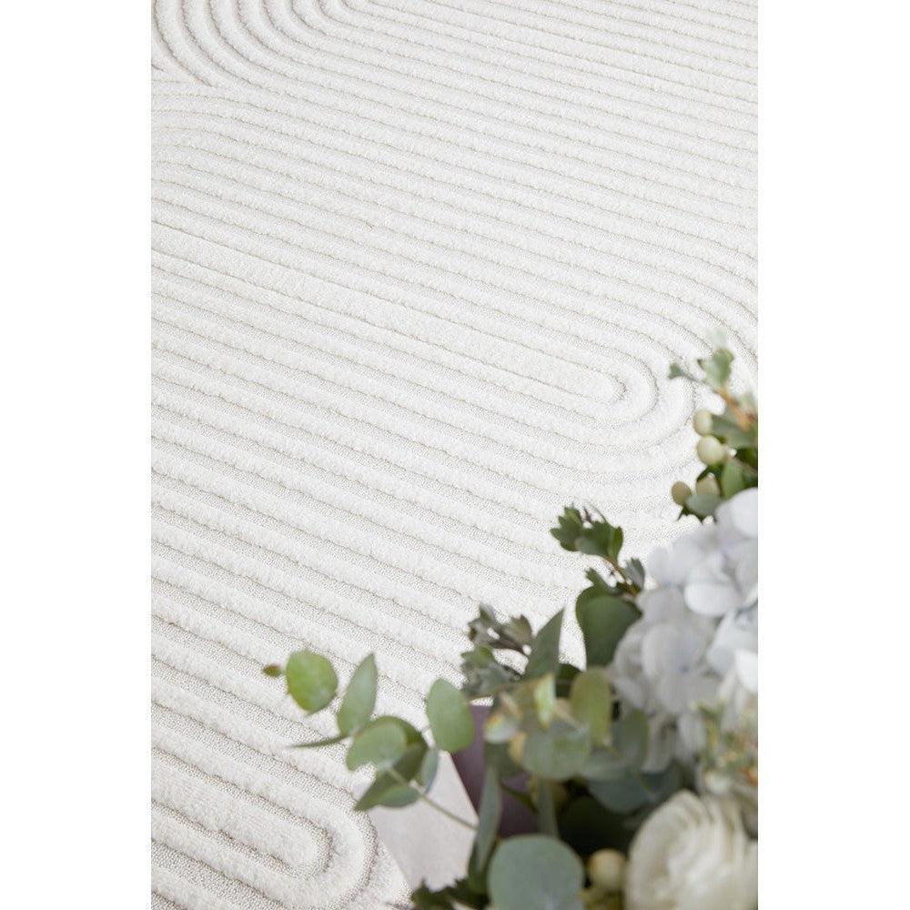 Lotus Carl White Runner Rug featuring looping striped pattern in ivory and cream on white background, machine-made polyester