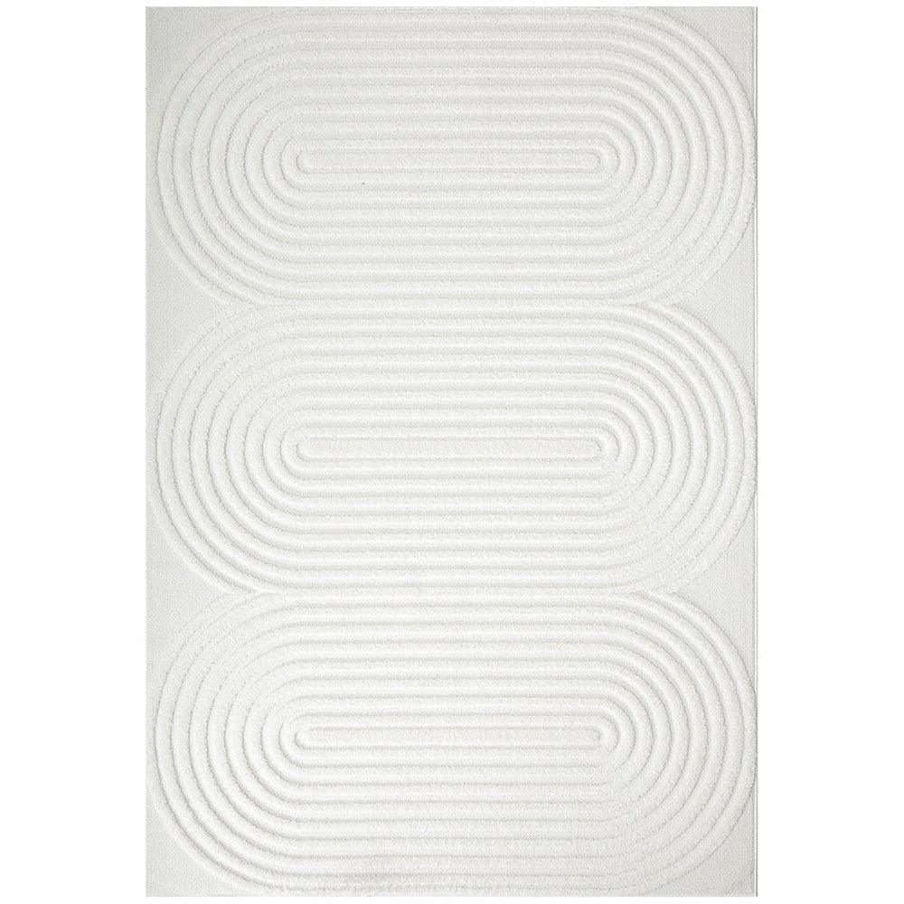 Lotus Carl White Rug featuring concentric ripple pattern in white on cream background, hand-tufted wool