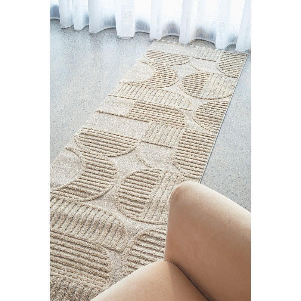 Lotus Leo Beige Runner Rug featuring geometric pattern in cream, beige and taupe on light beige background, machine-woven polyester