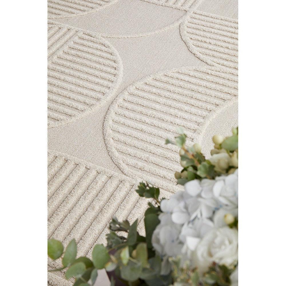 Lotus Leo Beige Runner Rug featuring circular block pattern in cream and beige on pale beige background, hand-tufted wool