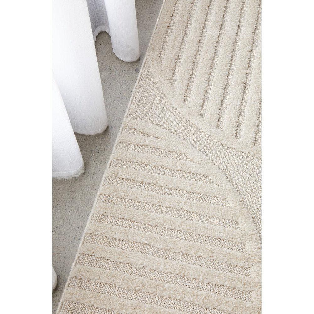 Lotus Leo Beige Runner Rug featuring geometric striped pattern in beige and ivory on cream background, hand-tufted wool