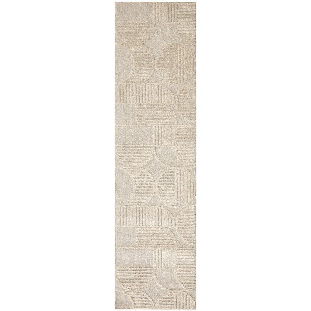 Lotus Leo Beige Rug featuring geometric circular motif in beige, cream and taupe on light beige background, machine-made polypropylene