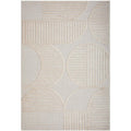 Lotus Leo Beige Rug featuring circular and ribbed geometric pattern in beige, cream and taupe on light beige background, machine-made wool
